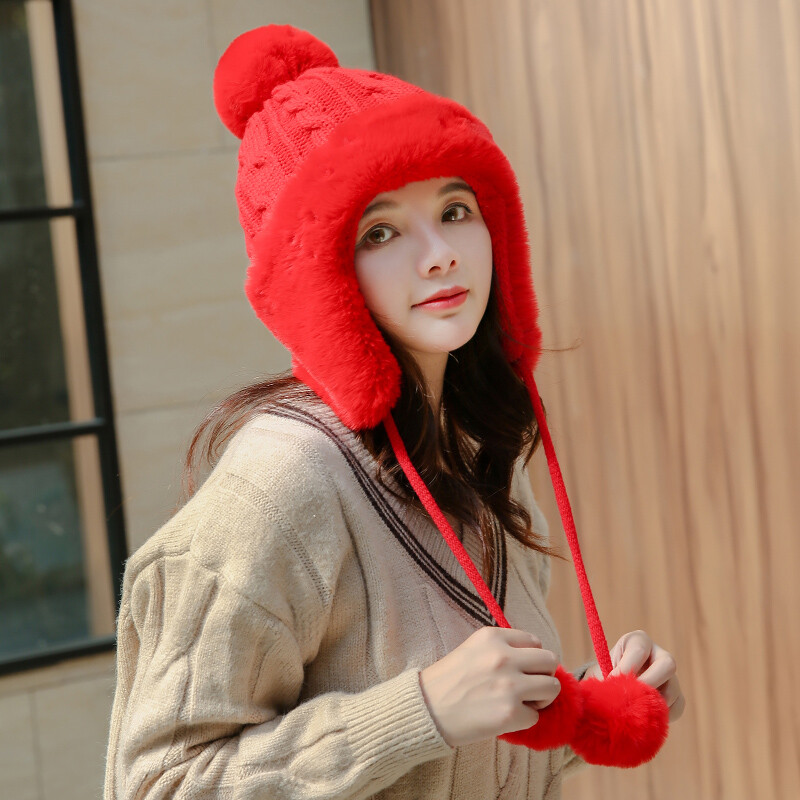 Lady Warm Knitted Bobble Hat Ear Flap Beanie Pom Pom Cap Fur