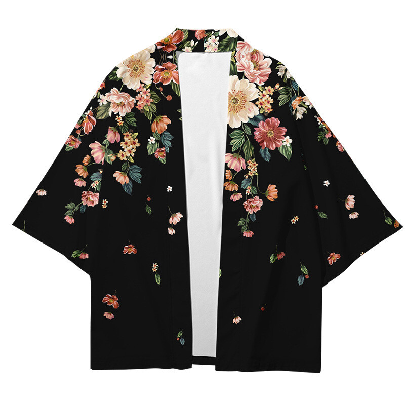 Uomo Fiore Kimono Stampa Stile Etnico Cappotto Giapponese Top Outdoor Larga