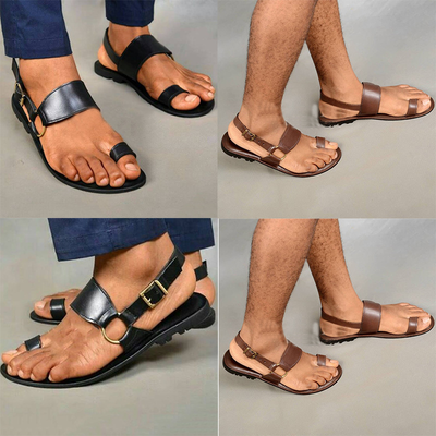 Mens Sandals Vintage Toe Ring PU Leather Flats Shoes Comfortable