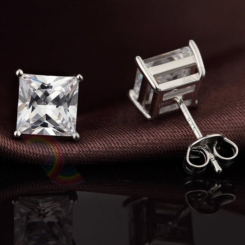 925 Sterling Silver Stud Earrings Men Women 3,4,5,6,7,8,10mm CZ Square