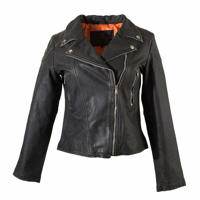 Pre-owned Black Slightly Distressed Biker  Leather Jacket Silver Studed Zippered Lizzie
