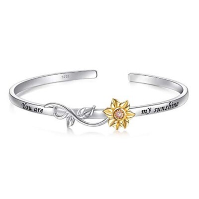 Engraved ''You Are My Sunshine''Silver Sunflower With Cz Bracelet Women Jewelry 