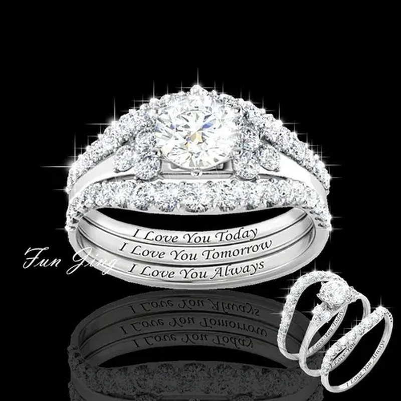 3Pcs / Set Classic Bright Woman Fashion Diamond Jewelry Exquisite 925 Sterling Silver Natural White Sapphire Diamond Birthstone Princess Proposal Engagement Ring Anniversary Party Romantic Bride Wedding Luxury Jewelry Set Ring Size 6-10