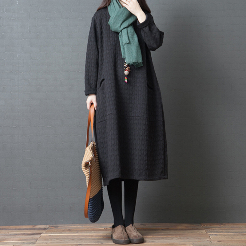 Women Midi Dresses Quilted Padded Long Sleeve Round Neck Thick Loose Casual