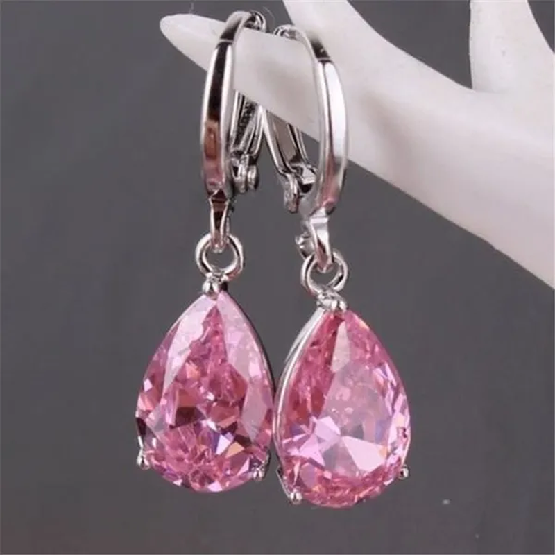 Women Silver Pink Sapphire Diamond Stud Earrings Water Drop Pendant Earrings Bride Wedding Engagement Anniversary Gift Jewelry