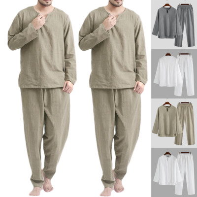 最終値下げ！佐藤健男女兼用LONG SLEEVE LOUNGE WEAR SET Mens Long Sleeve Cotton Linen Casual Loose Pajamas Suits