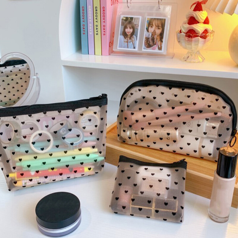 Mesh Cosmetic Makeup Bags Case Holder Zipper Heart Printed P