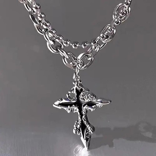 Punk Double Layer Cross Necklace for Women Men Halloween Charm Jewelry