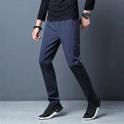 Men's Casual Pants Stretch Slim Fit Elastic Waist Jogger Korean Classic Blue Bla