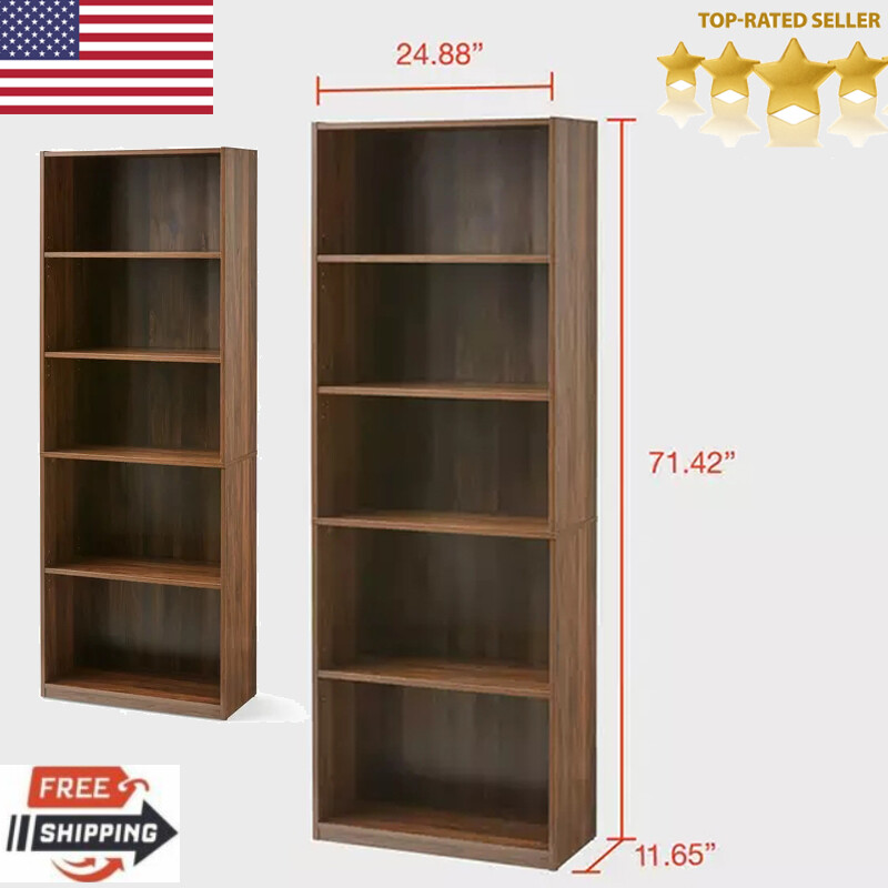 Adjustable 5-Shelf Wood Bookcase Storage Shelving Book Wide Bookshelf 71" Tall