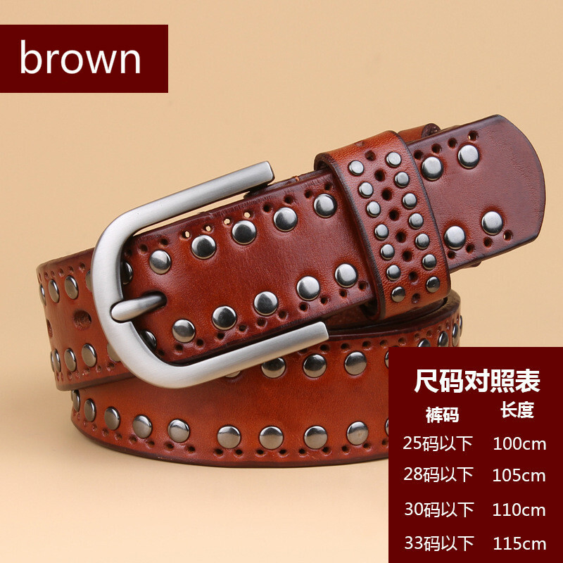 Men Women Belt Waistband Real Genuine Leather Rivet Retro Studded Brown