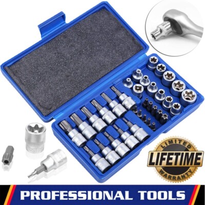 34pcs E Torx Socket Set Star Hex Bits Garage Torque 3/8'' E4-E20 Drive Tool Case