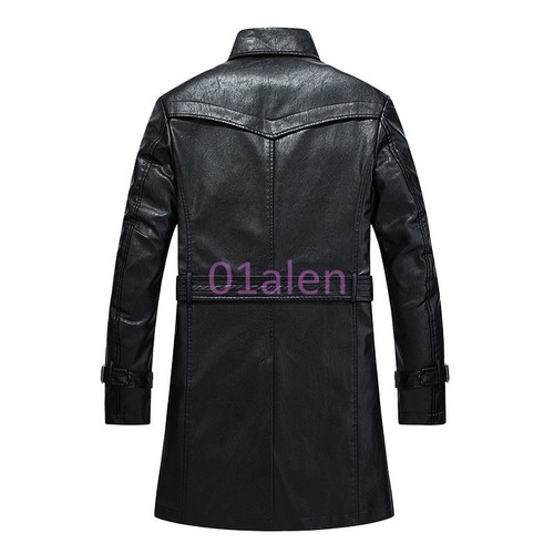 New Mens Double Breasted Casual Mid Long Leather Jacket Coat