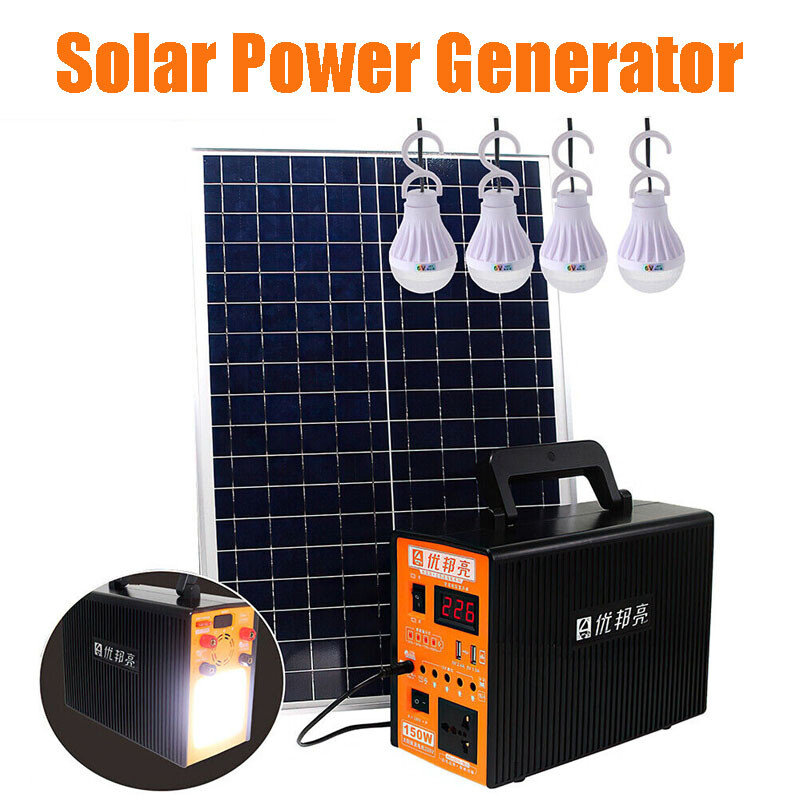 Portable Power Station Solar Panel Generator Bluetooth Speaker Kit & 4 LED Bulbs