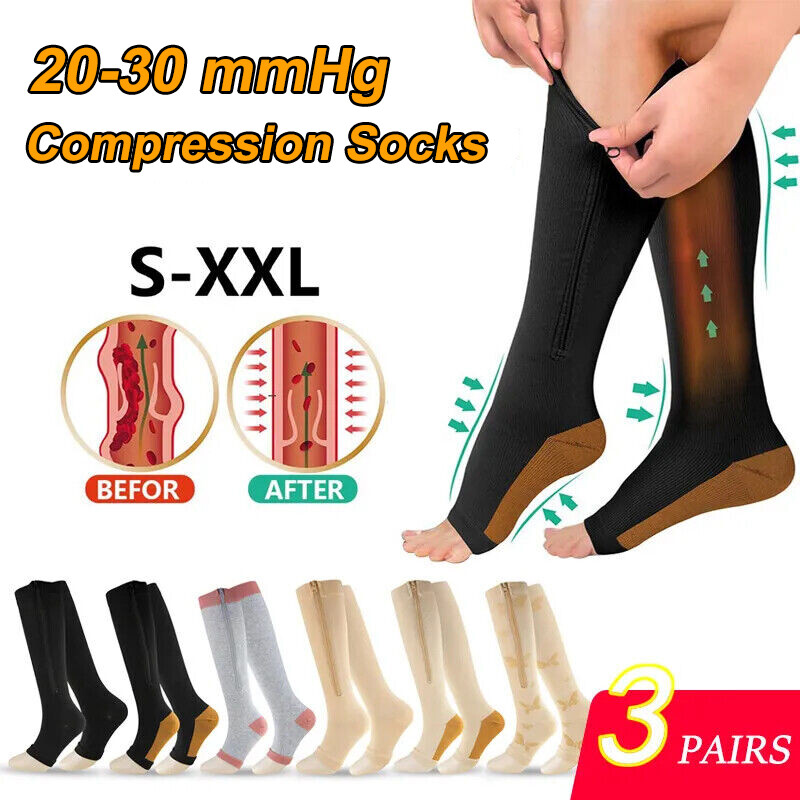 Copper Zipper Compression Socks Support Graduated Stockings Men Women 20 30mmHg