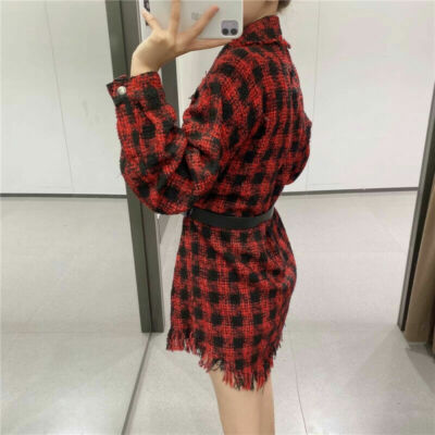 ZARA CHECK SHIRT WITH BELT RED / BLACK NEW SIZE L REF. 4886