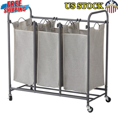 3 Bag Wheeled Laundry Sorter Removable Canvas Bags Rolling Organizer Oversized