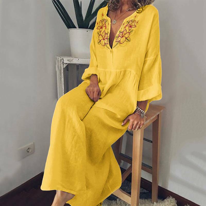 Frauen Boho Maxikleid V-Ausschnitt Langarm Freizeit Kaftan Lose Baggy Hemdkleid.