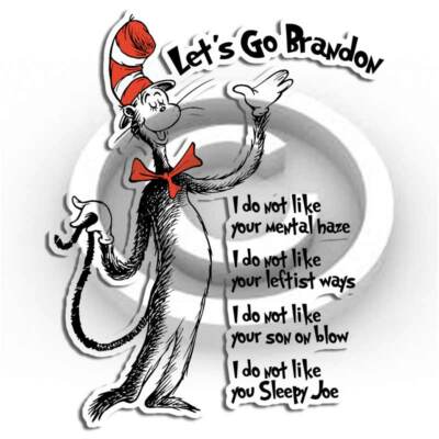 Lets Go Brandon Decal Sticker Biden Funny Cat in the Hat Cartoon Storytime USA