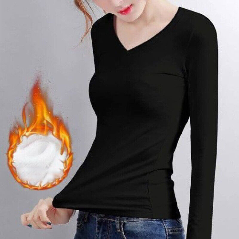 Womens Basic Thermal Long Sleeve Knitted T-shirt Crew Neck Stretch Cotton Waffle