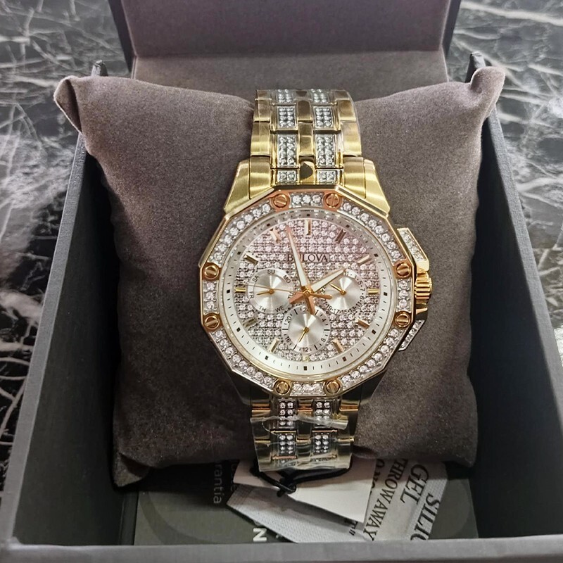 Pre-owned Bulova 98c126 Men's Crystal Octava Quartz Watch Silver Gold Dial 41.5mm