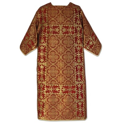 Dalmatic in roman style with woven orphrey belts. Brocade fabric,Open sides.