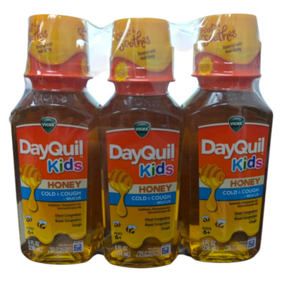 3 x Vicks DayQuil Kids Honey Cold & Cough + Mucus 8 fl oz Ages 6+ Exp 03/25