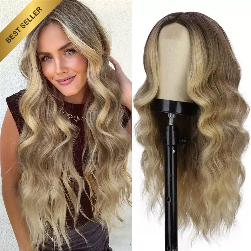 Long Wavy Synthetic Wig, 26 Inch Dark Brown Ombre Blonde, Natural Looking with D