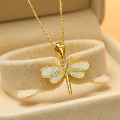 Fashion Gold Plated White Simulated Opal Dragonfly Pendant Necklace Jewelry