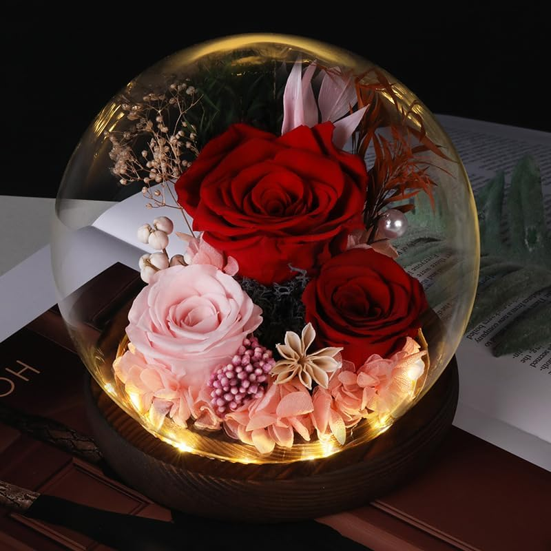 Rose in Glass Dome, Long-Lasting Real Flowers, with LED Light, Unique for Mother