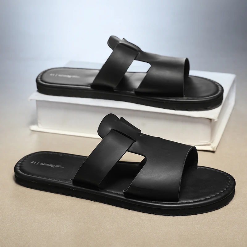 Men'S Slippers Quality Leather Beach Sandals Summer Casual Non-Slip Lightweight