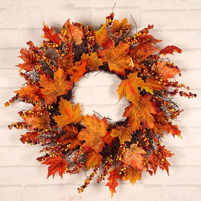 Autumn Maple Leaves Wreath Thanksgiving Halloween Pumpkin Berry Door Hanging. UK