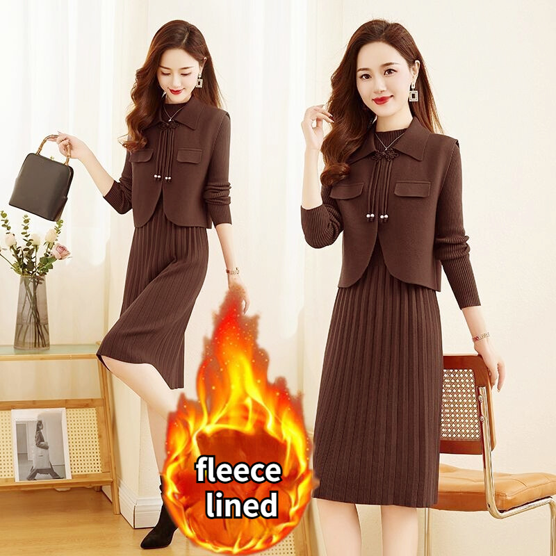 Lady Sweater Dress Set Chinese Style Knitted Suit 2Pcs Vest + dress Winter Sweet