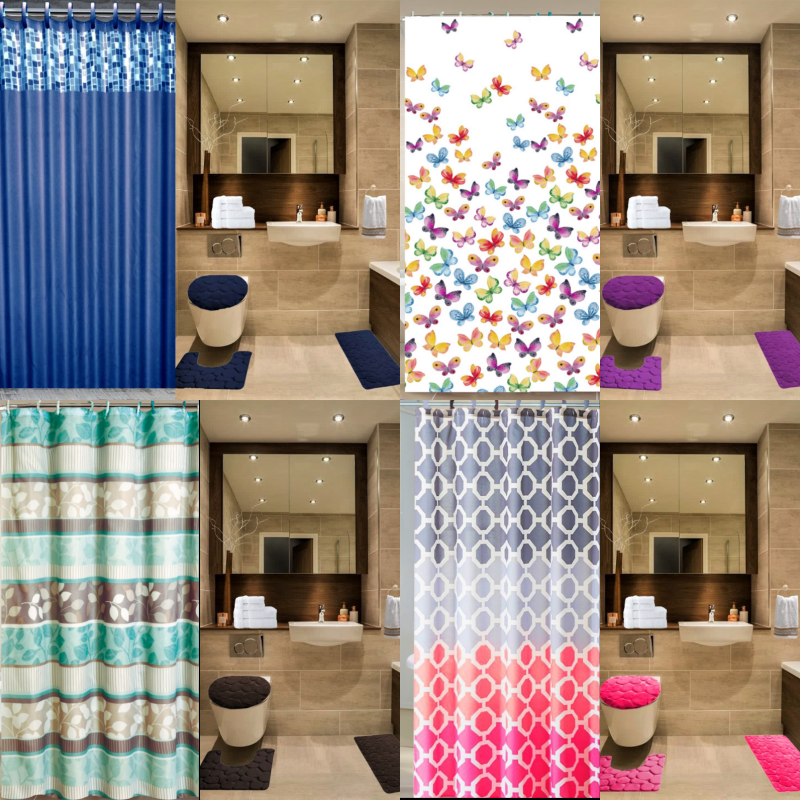 16PC ROCK BATHROOM SHOWER CURTAIN MAT RUGS SET MEMORY FOAM S