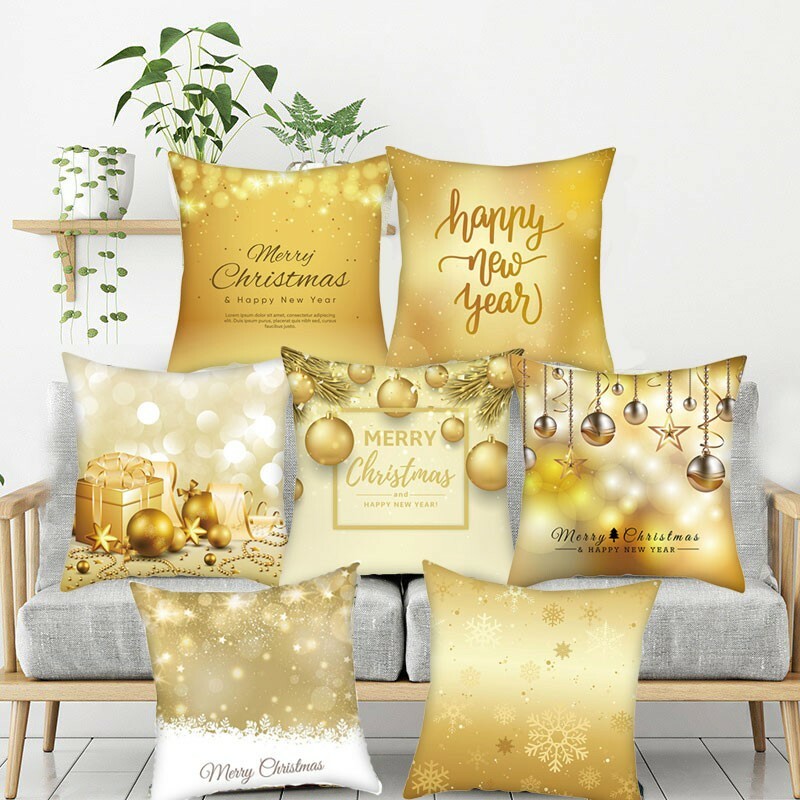 Gold Merry Christmas Square Pillow Cases Nordic Cushion Cover Home