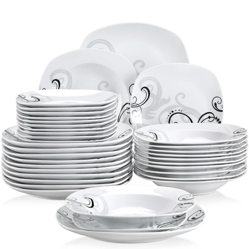 VEWEET ZOEY 36-Piece Porcelain Ceramic Dinnerware Set, Soup Plate, Dessert Plate