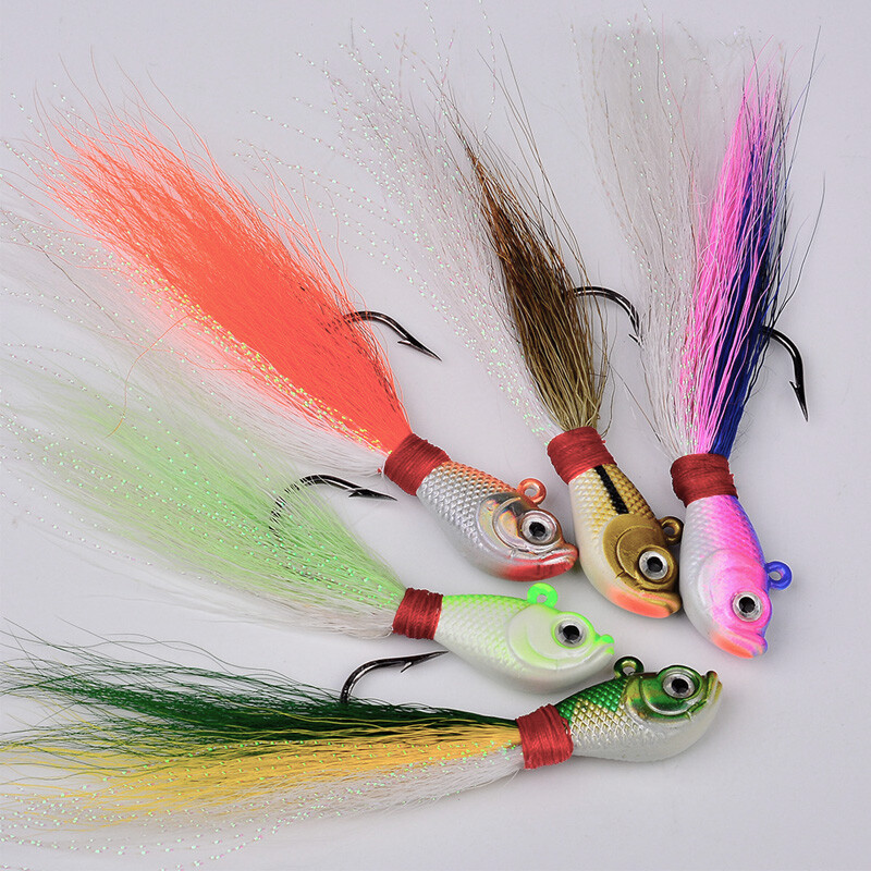 5 Pack Saltwater Bucktail Jigs Head Striper Fluke Bass Teaser Fishing Lure Bait