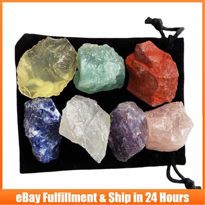 Raw Natural Quartz Crystal 7 Chakra Healing Metaphysical Stone Set + Pouch Decor
