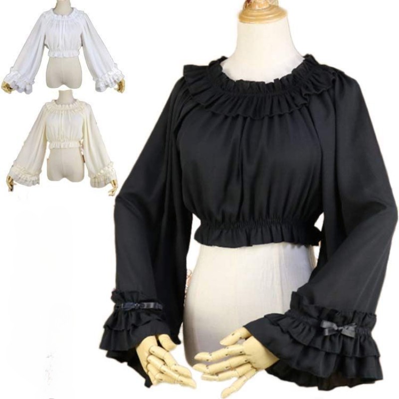 Mädchen Japanisch Lolita Bauchfreies Top Hemd Bluse Chiffon Flared Ärmel Ruffles