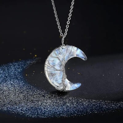 Opal Healing Crystal Necklace Pendant Tree Life Wire Wrapped Moon Women Men Gift