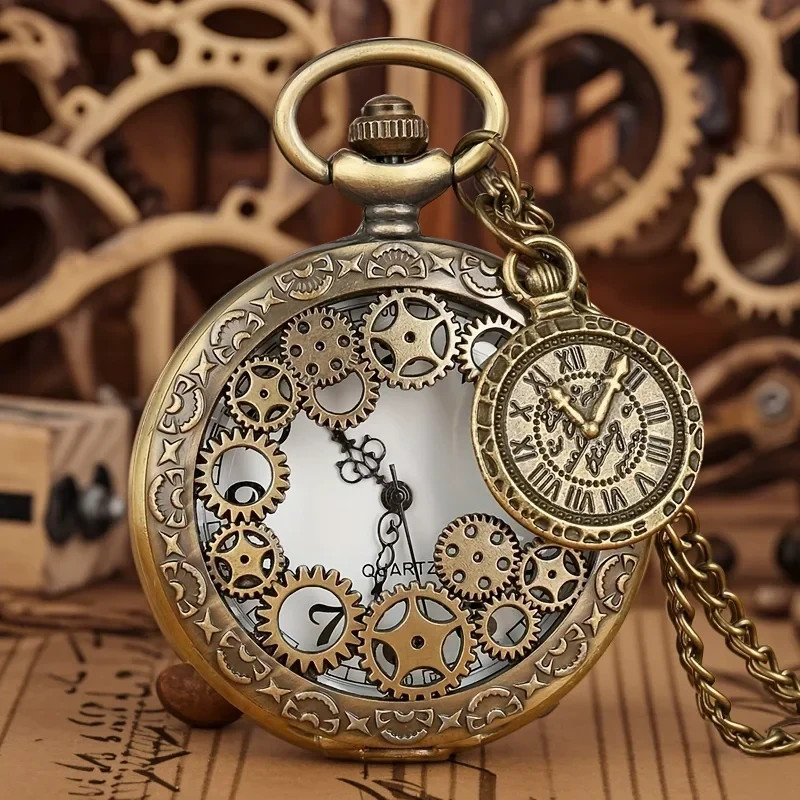 Vintage Hollow Gear Quartz Pocket Watch Steampunk Fob Necklace