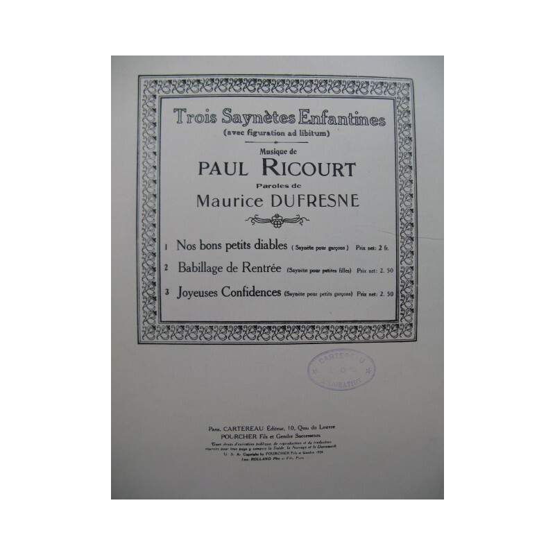 Ricourt Paul Babillage De RentrÃ©E SaynÃ¨Te Chant Piano 1924