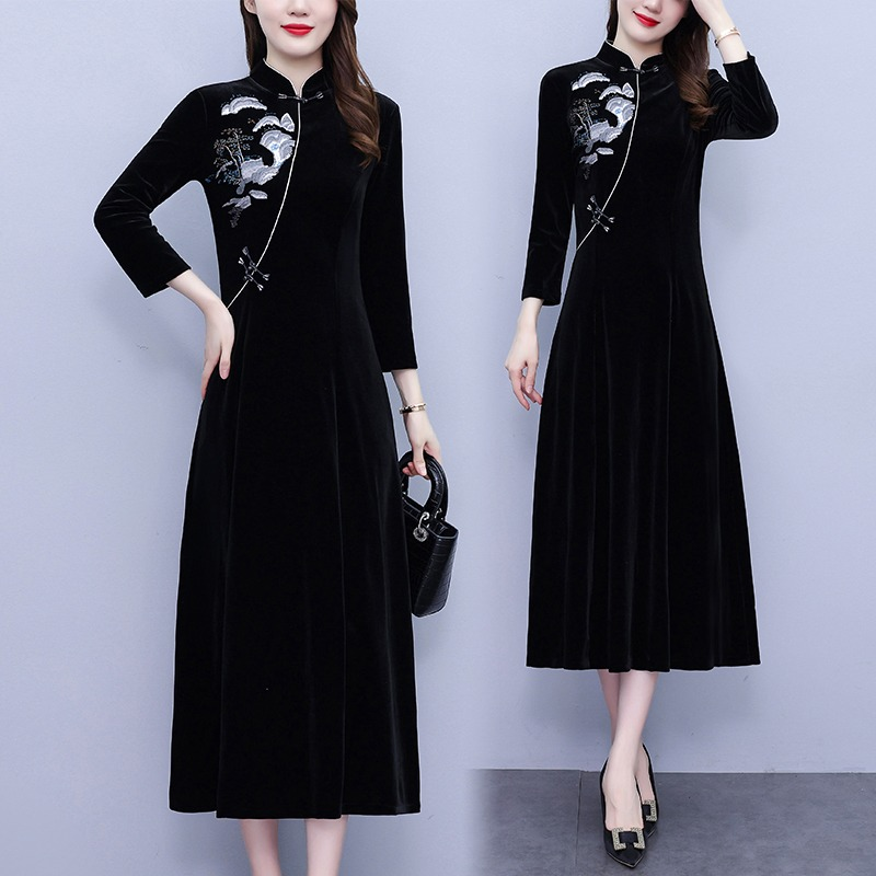 Donna Velluto Cheongsam Abito Lungo Ricamato Cinese Qipao Alla Coreana Colletto
