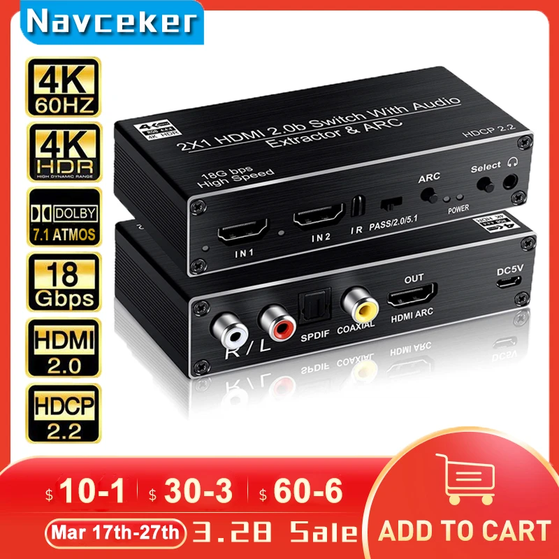 2x1 HDMI 2.0 Switch 4K 60Hz HDMI Switch Support 3D,ARC & Optical Toslink HDR Swi