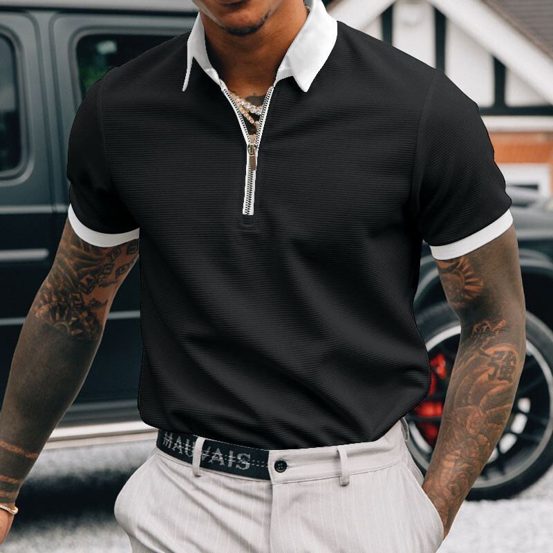 T Shirt Men Zipper Lapel Collar Fashion Casual Golf Work Dress Zip T-Shirt Tee