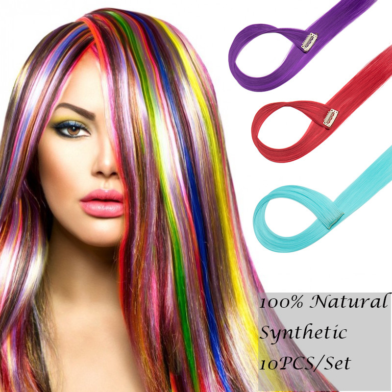 10PCS/set Multi Color Highlight Streaks Hairpiece Clip in Hair