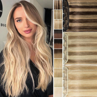 One Piece 100% Real Clip In/On Remy Human Hair Extensions Full Head Highlight US