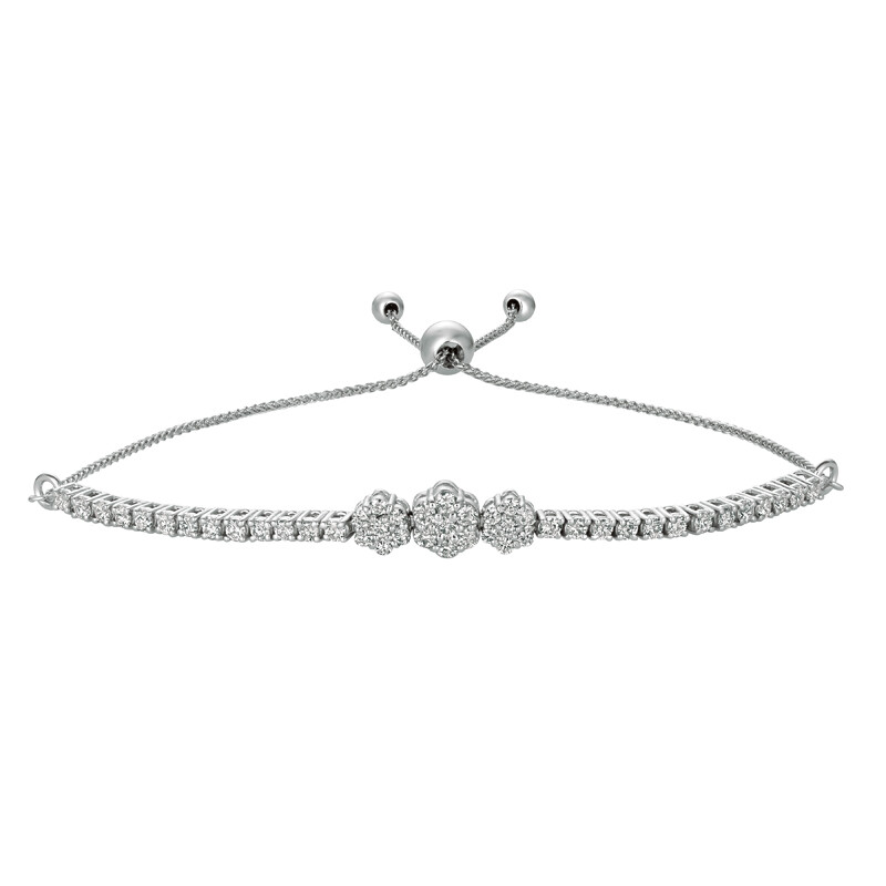 Pre-owned Morris 1.00 Carat Diamond Bolo 3 Flower Bracelet Si 14k White Gold 7'' Adjustable