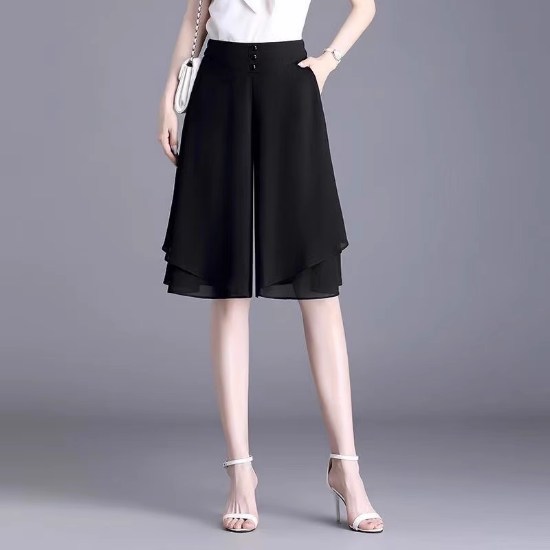 Pantaloni Corti In Chiffon Da Donna A Vita Elastica Culottes A Gamba Larga