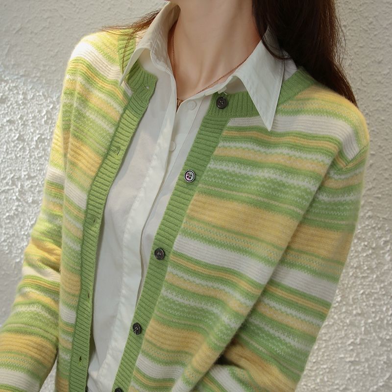 Vintage Donna a Righe Maglia Cardigan Bottoni Maglione Cappotto Giacca Casual